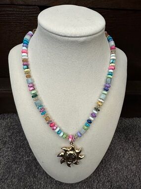 Gemstone Beaded Necklace with Gold Sun Pendant - Women Jewelry